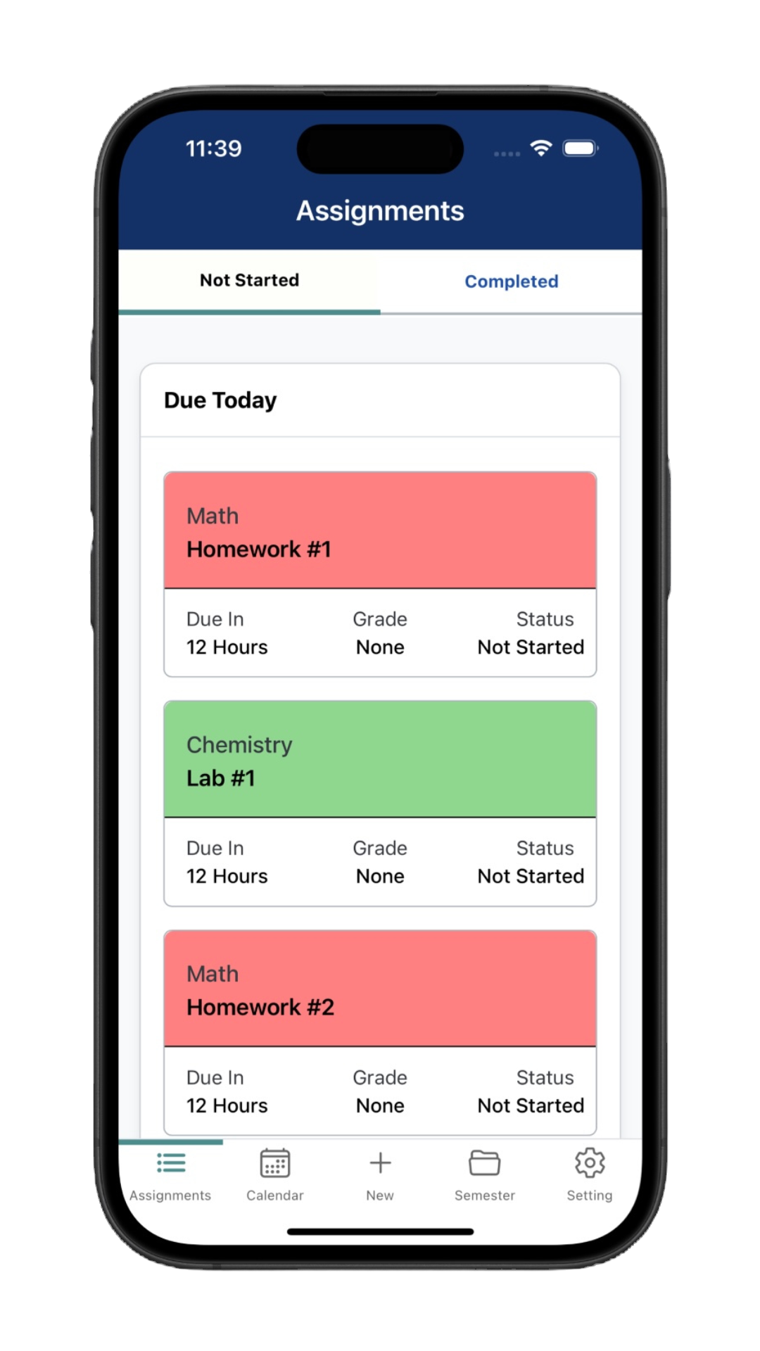 Phone showing Course Sync's assignments list with students filtered assignments by due date, assignments: 3 assignments due t
