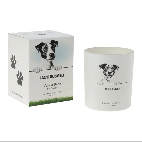 jack russel dog candle, 300g soy candle, vanilla bean scented