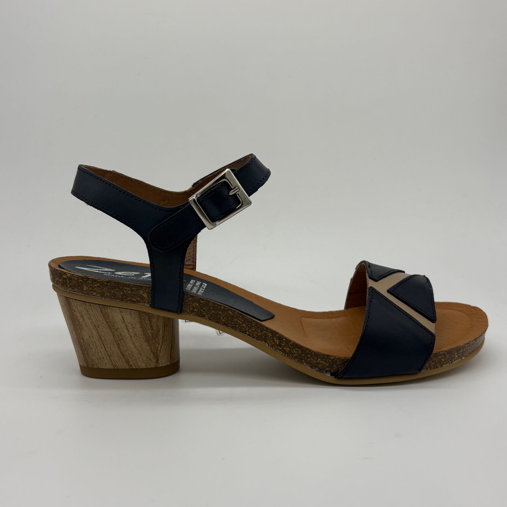 ZETA Brooch Navy Heel Sandal, leather, cushioned, adjustable