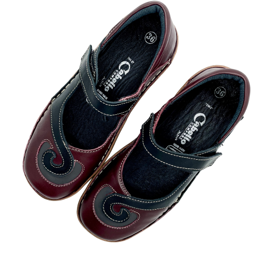 Thumbnail: cabello, Pair of Mary Janes with a Circle Swirl Pattern in Burgundy, Black and Grey