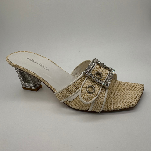 Vintage Crystal Buckle Leather Mules Size 36, neutral, beige, cream