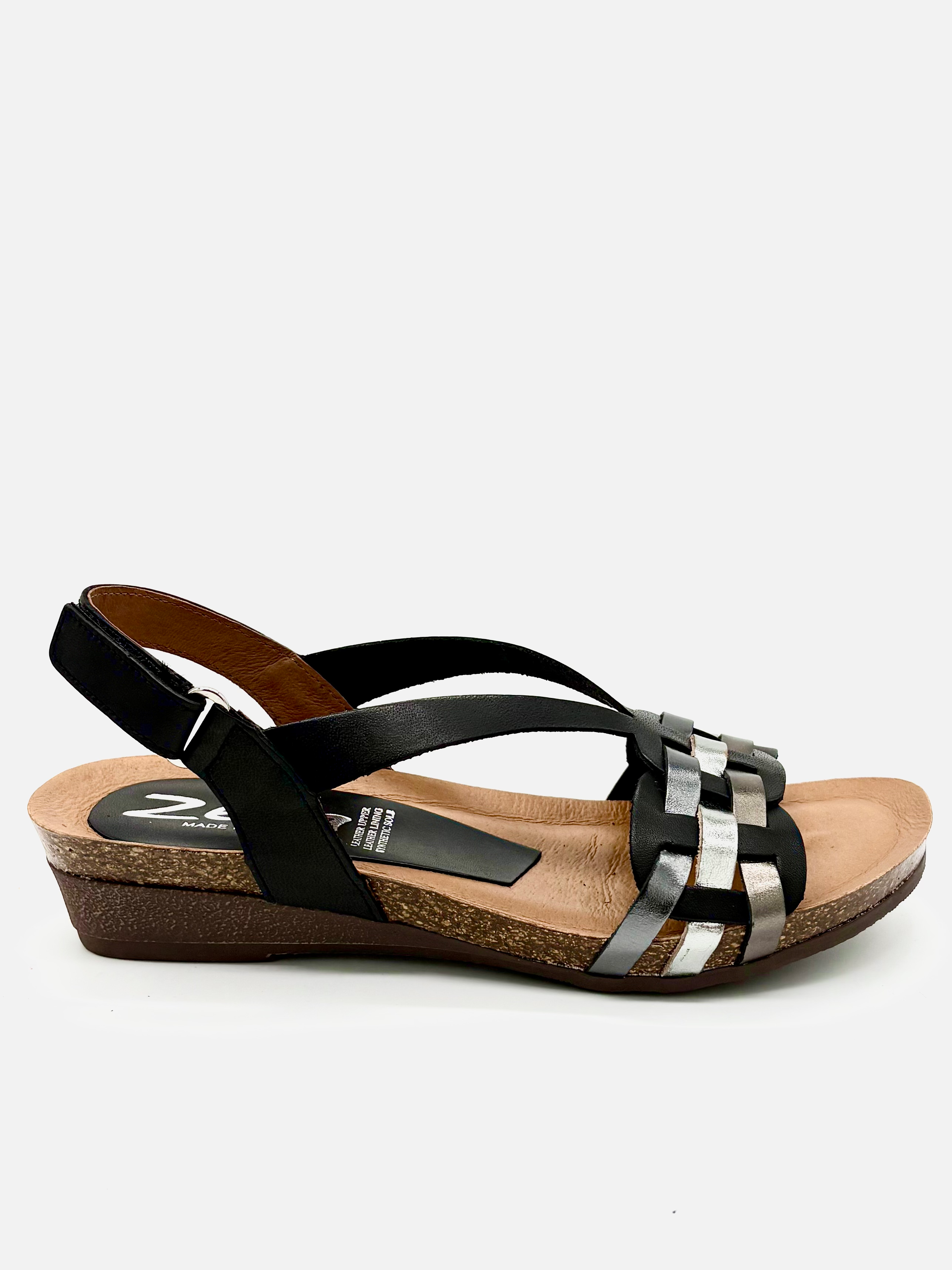 ZETA Oriole Two-Toned Sandal, silver, black, flat, cushioned, leather, velcro, adjustable, comfort