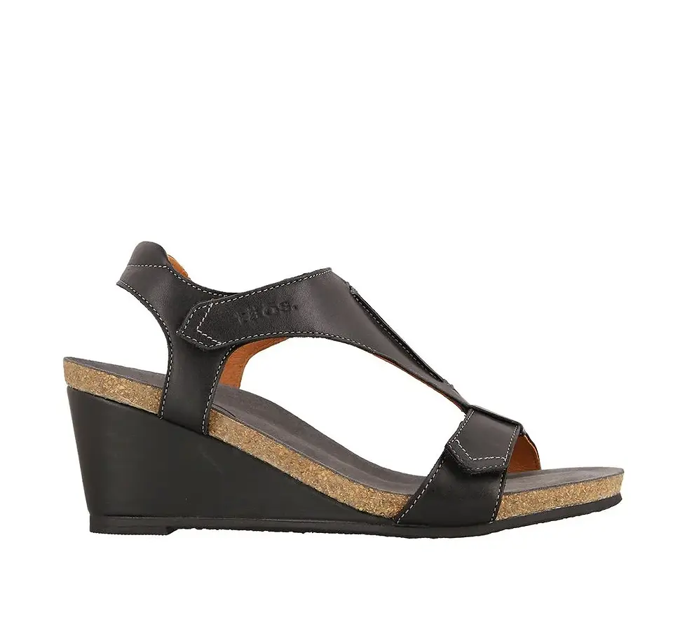 Thumbnail: TAOS Sheila Black Leather Wedge Sandal. Maurice of Balmain Shoes, arch support, comfort