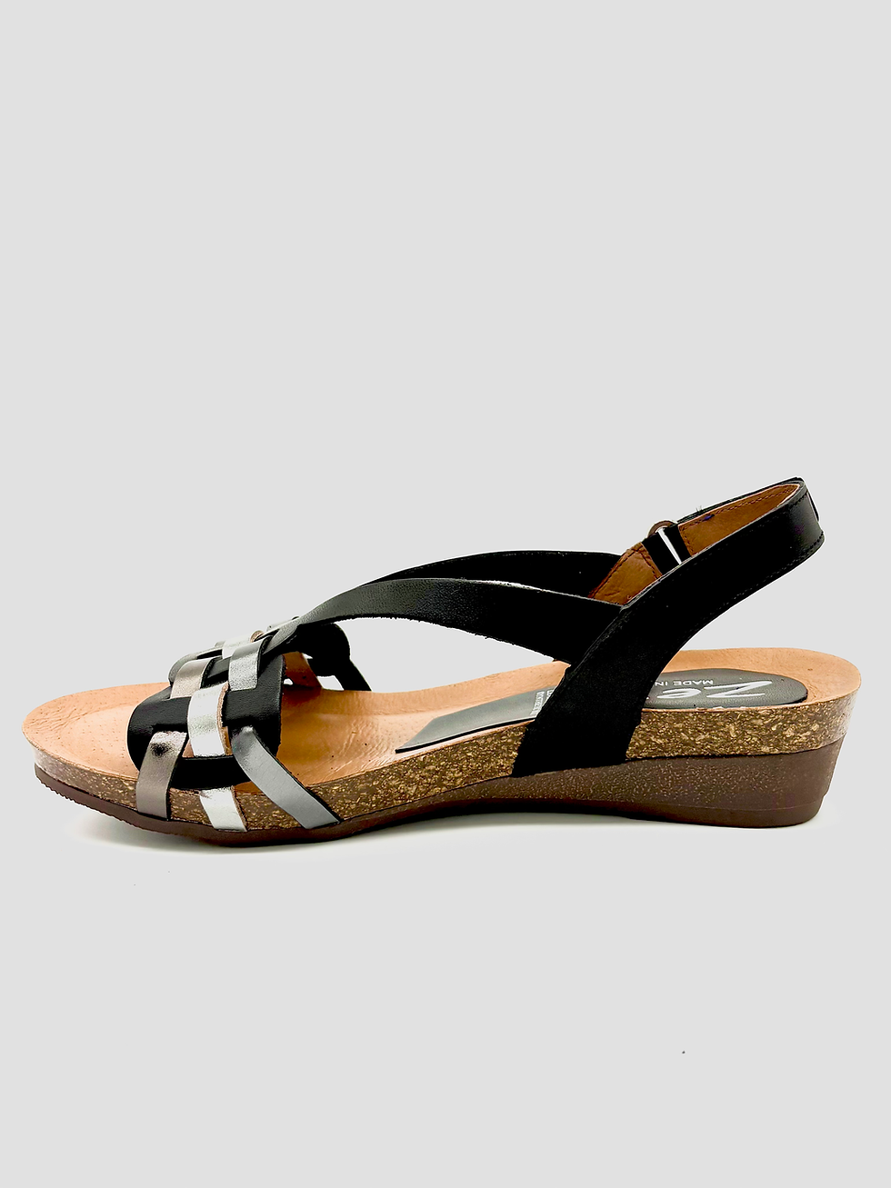 Thumbnail: ZETA Oriole Two-Toned Sandal, silver, black, flat, cushioned, leather, velcro, adjustable, comfort