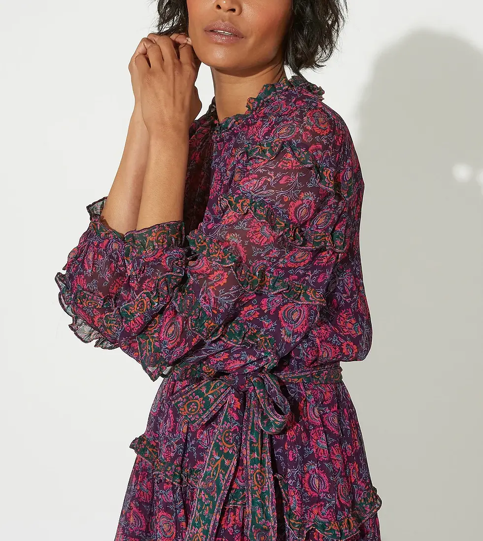 Thumbnail: cleobella rosalia mini dress, purple, floral, belt, form fitting