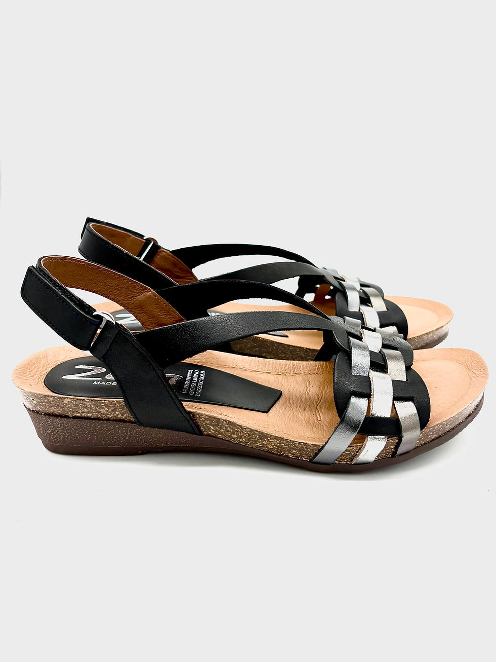 ZETA Oriole Two-Toned Sandal, silver, black, flat, cushioned, leather, velcro, adjustable, comfort