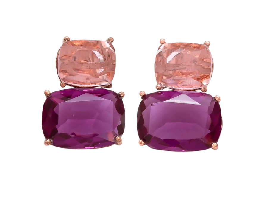 Melange Chic Stack Stud Earrings, pink, purple, Pink Tourmaline & Pink Quartz Gemstones