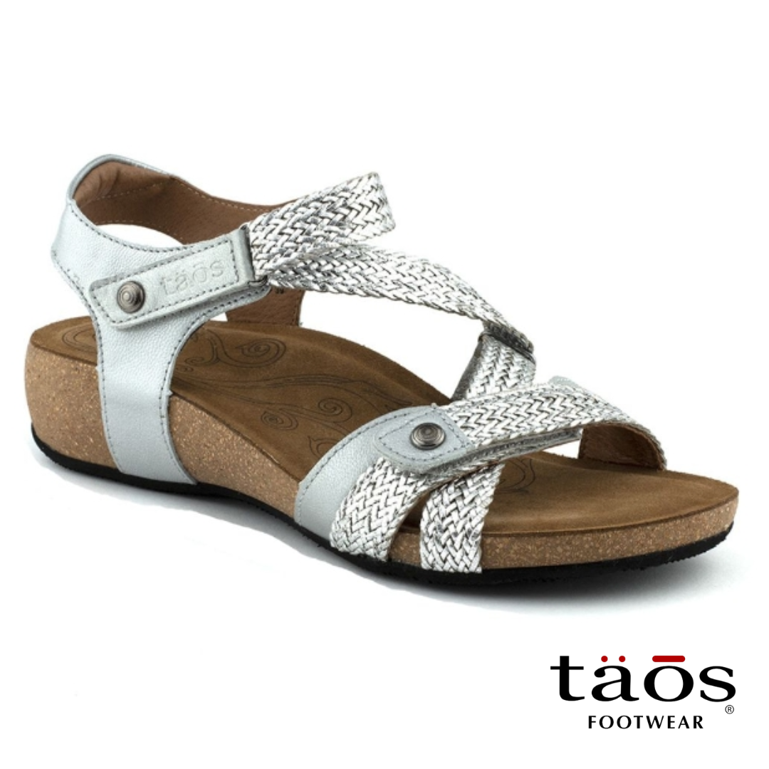 Taos Trulie Silver Sandal, Size 36, arch support, velcro straps, plantar fasciitis
