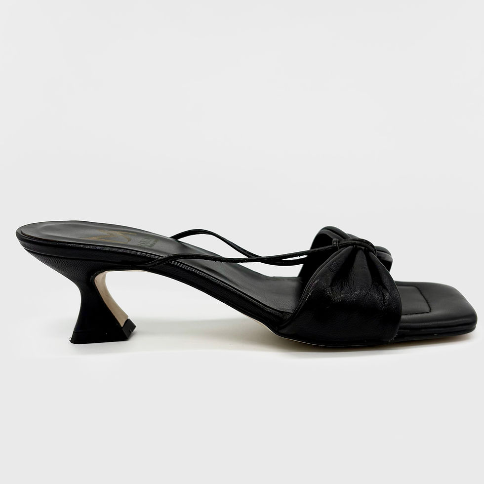 Pair of square toe black leather kitten mules with soft leather covers bunions, heel