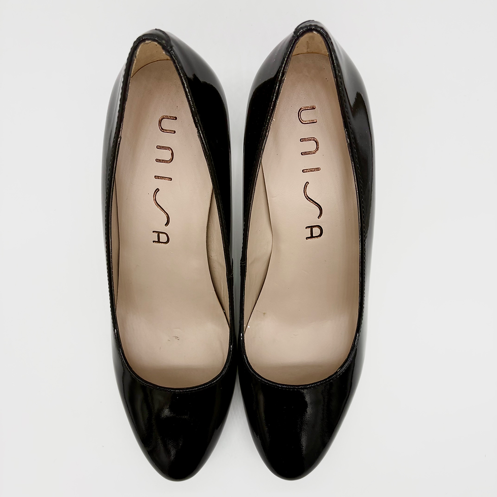 Thumbnail: UNISA Nuco Black Patent Leather Heel, round toe, stiletto