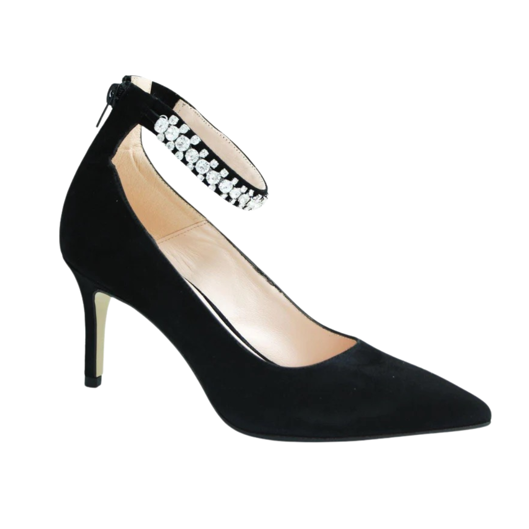 Marian Rodeo Black Suede Diamanté Heel, Bling Ankle Strap High Heel, made in Spain