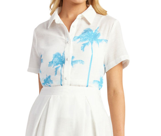 Style State Blue Palm Tree Print top, button up, summer, breathable, lightweight