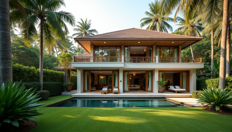 Wide angle view of a luxury boutique villa surrounded by tropical greenery in Goa