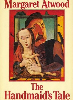 The cover of the first edition of the book "The Handmaid's Tale." It is abstract art of a man holding a naked baby with the head of an adult woman.