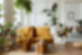 Interior design of scandinavian open space with yellow velvet sofa, plants, furniture, boo