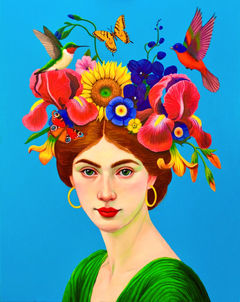 Portretschilderij van een jonge vrouw met een bloemenkrans op haar hoofd.