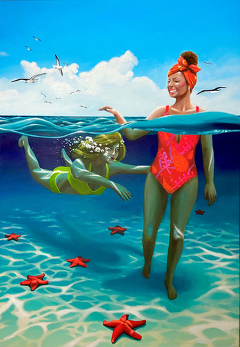 Schilderij van twee jonge vrouwen die samen plezier hebben in de zee.