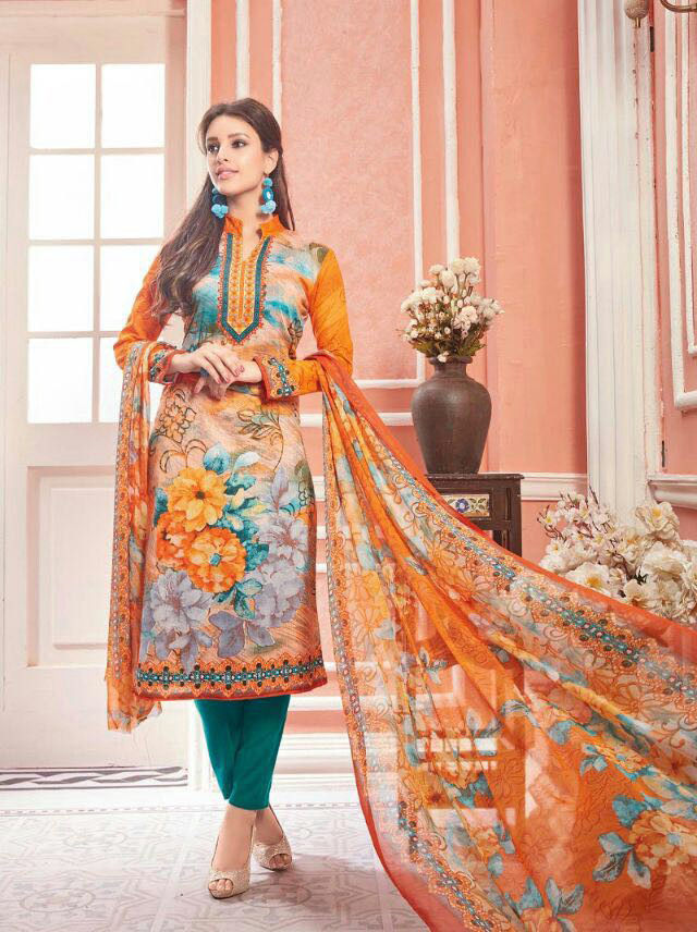 Orange & Green Floral Kurta Set with Dupatta