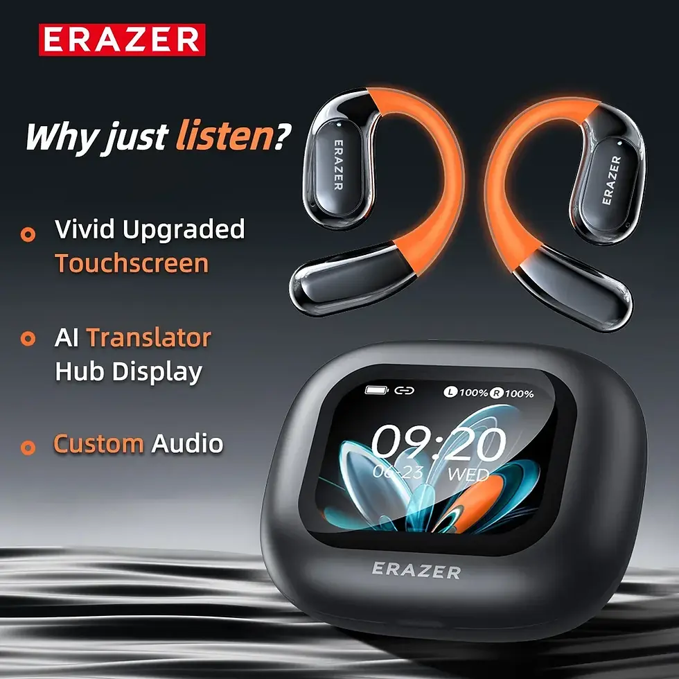 Close-up of AI Translator Earbuds with charging case – real-time 100-language translation device.