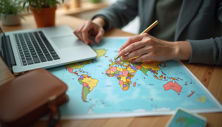 Eye-level view of a traveler planning a trip with a map and laptop on a wooden table