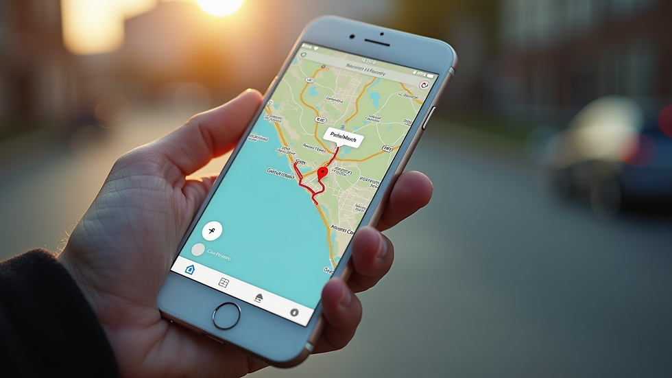 Close-up of a smartphone displaying a map app with a route highlighted