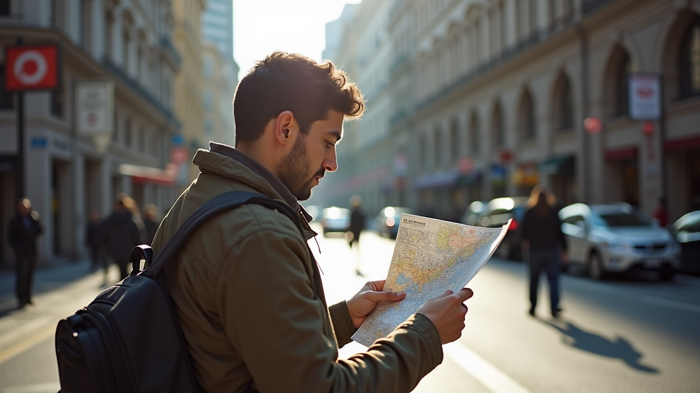 High angle view of a solo traveler checking a map in a busy city street