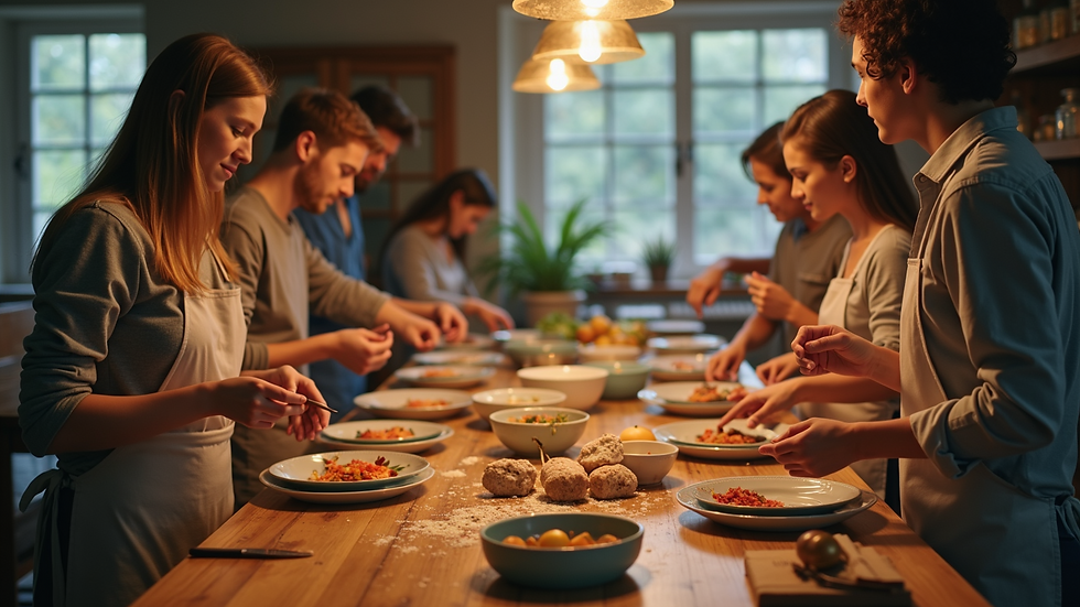 High angle view of a small group enjoying a local cooking class