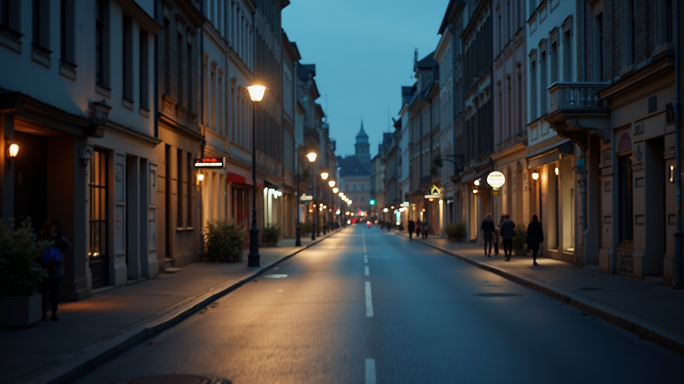 Wide angle view of a quiet, well-lit street in a foreign city at dusk
