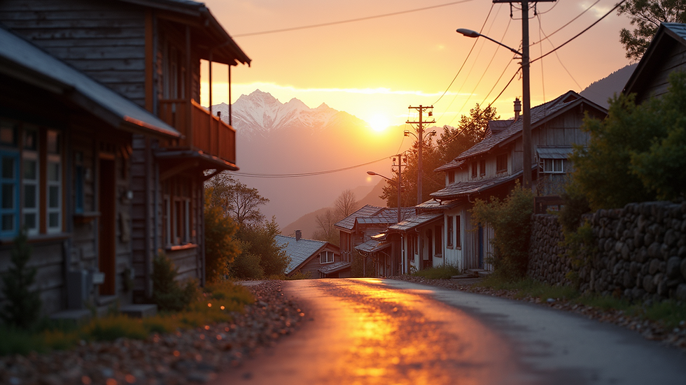 Eye-level view of a quiet mountain village street at sunrise