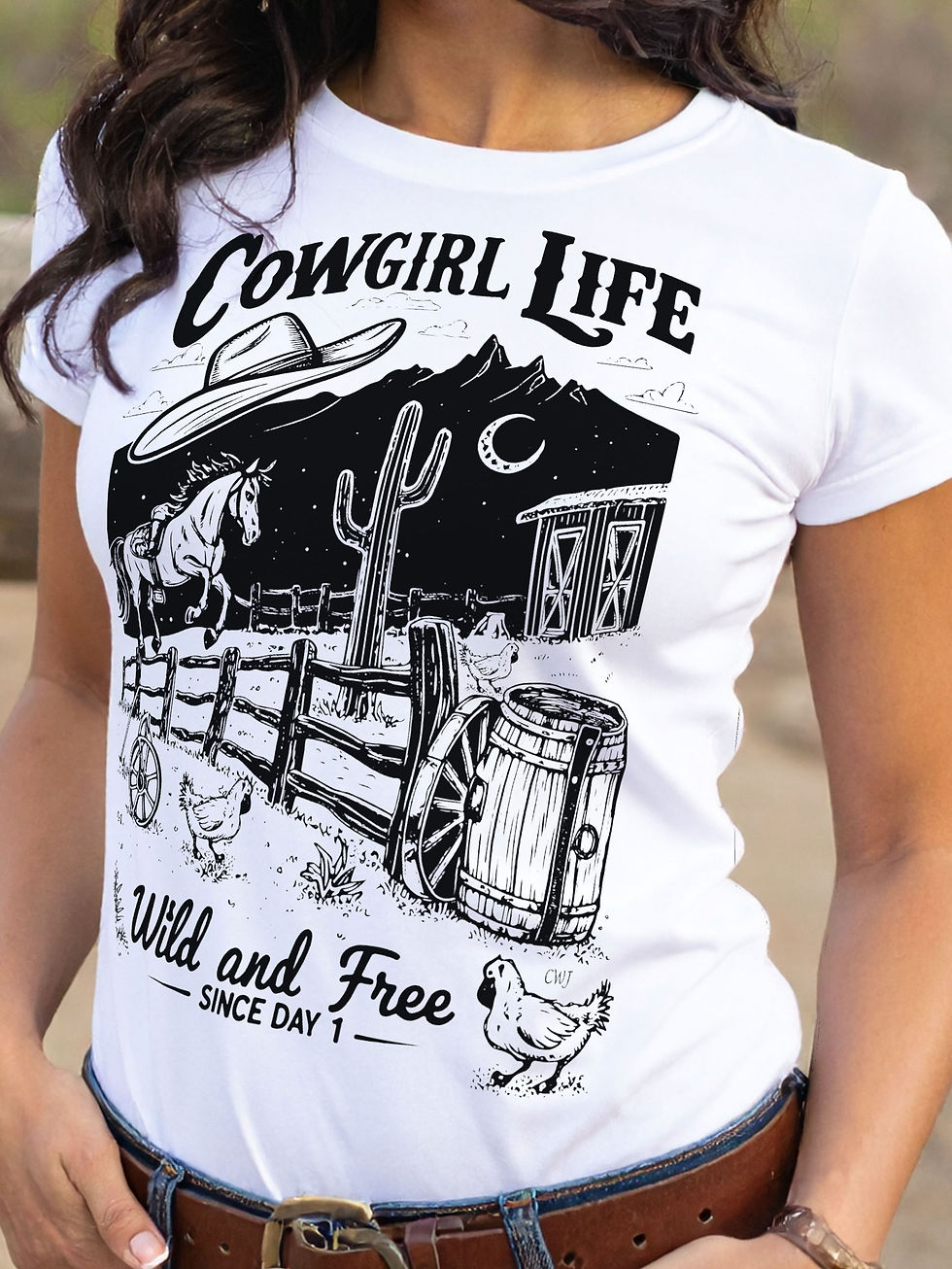 Thumbnail: Cowgirl Life Western Graphic Tee design detail showing bold cowgirl life graphic and expressive western typography