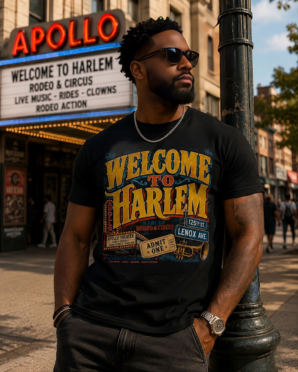 Welcome To Harlem Tee worn by melanated male model, harlem culture shirt vintage graphic tee