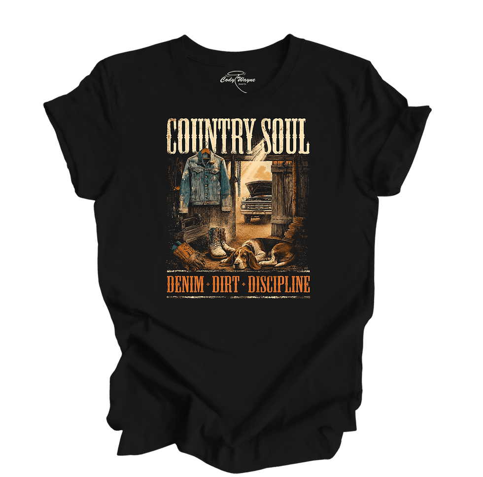 Thumbnail: Denim & Dirt Country Soul Tee flat lay showing full front denim and dirt graphic design