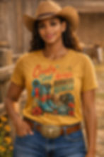 Rebels & Roses Country Soul Tee worn by female model, gold tee with rose-wrapped cowgirl boots graphic, Roses Rodeos Rebels