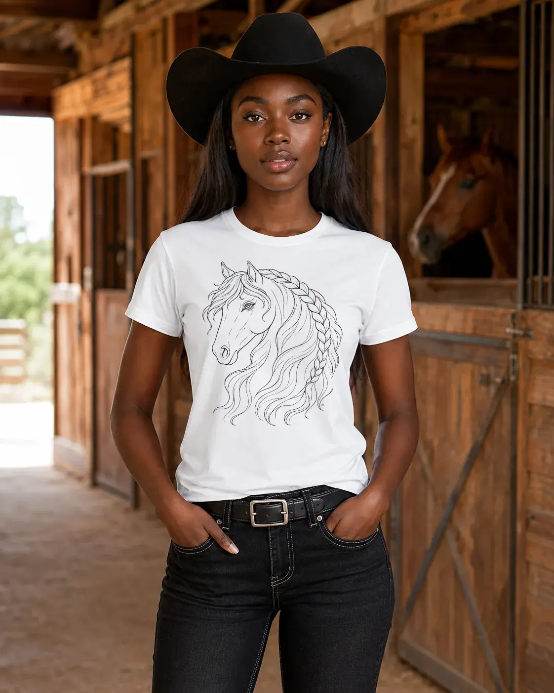 Braided Manes Tee worn by melanated female model, white western graphic tee with fine-line braided horse mane art