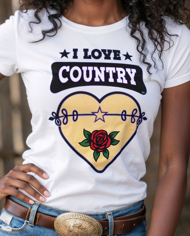 Thumbnail: I Love Country Western Graphic Tee design detail showing bold country love graphic and expressive western typography