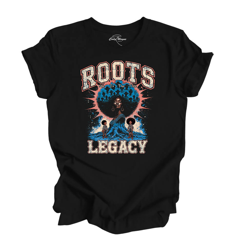 Thumbnail: Black graphic tee featuring She Is The Tree design with woman with afro as massive tree with children beneath branches,