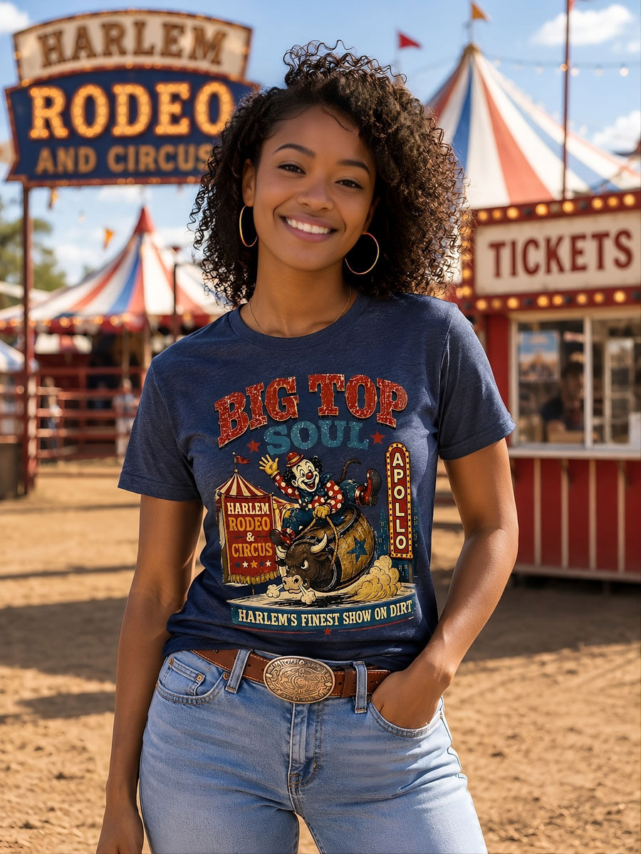 BIG TOP SOUL Tee worn by melanated female model, frontier heritage graphic tee with colorful circus performer design