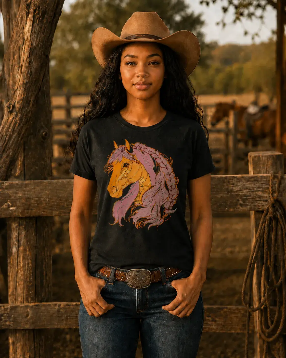 Braided Beauty Tee worn by melanated female model, black western graphic tee with orange-and-pink braided horse mane