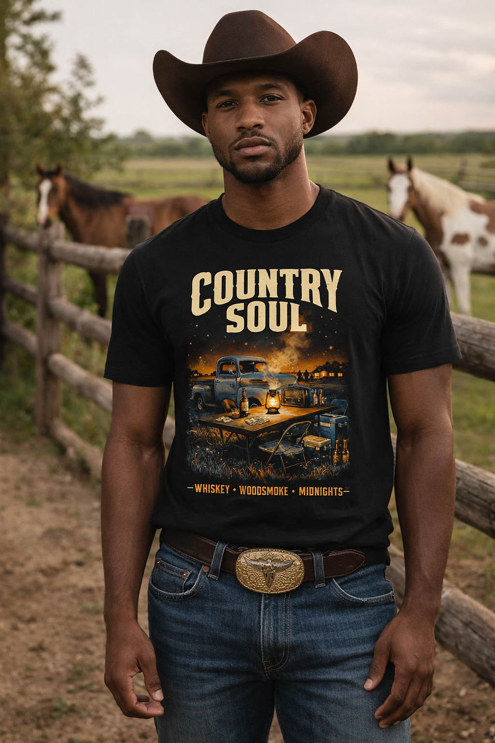 Southern Nightfall: Southern Nightfall Country Soul Tee worn by male model, black tee with vintage truck and lantern nightfall graphic, Whiskey Woodsmoke Midnights