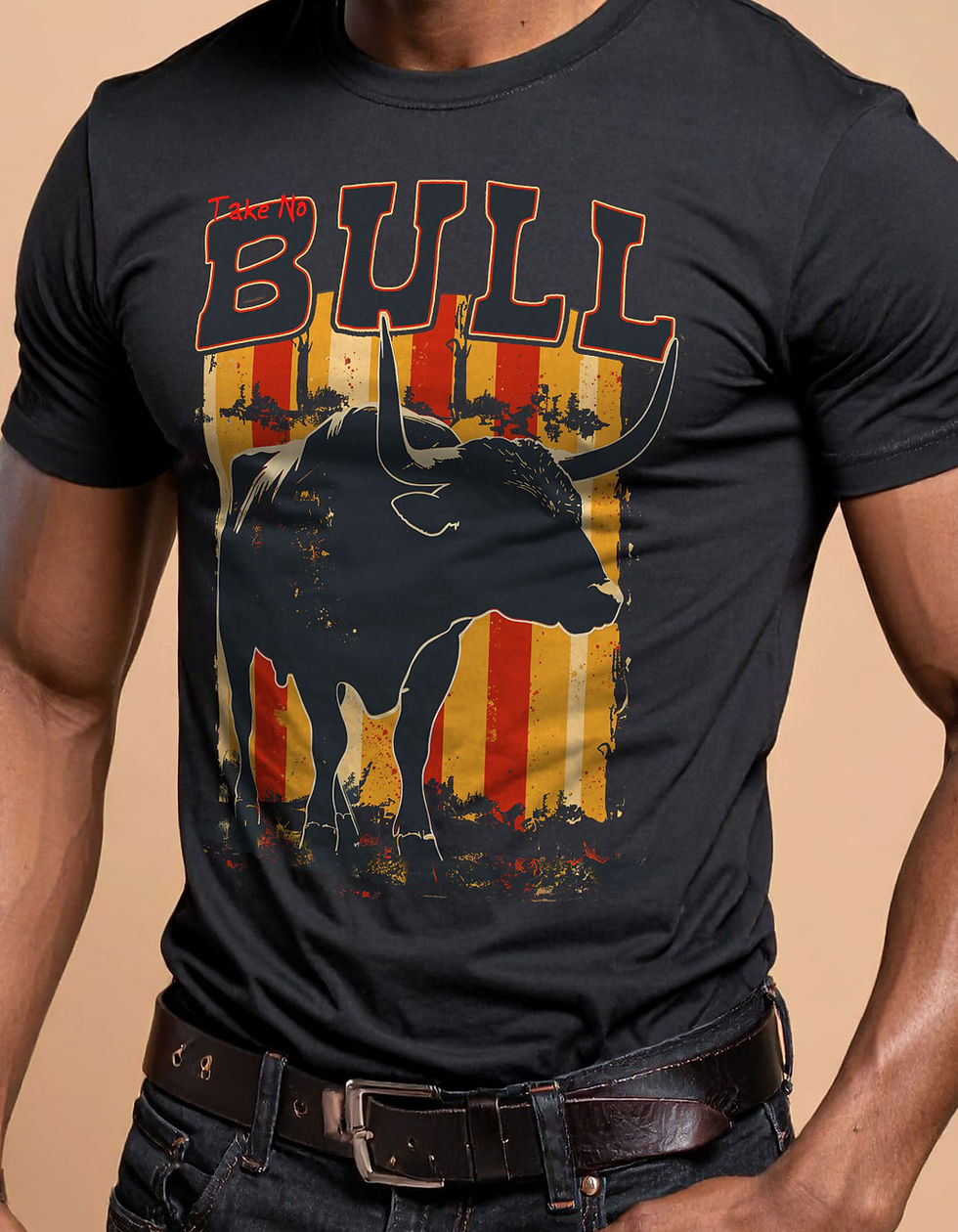 Take No Bull Western Graphic Tee design detail showing bold western attitude graphic and distressed lettering