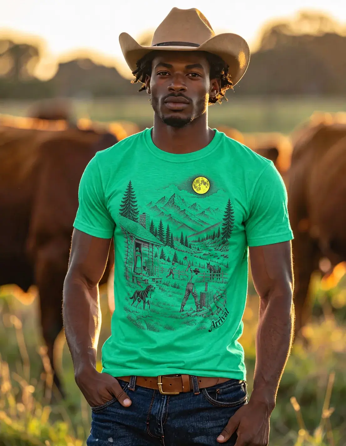 Arrival Western Tee worn by melanated male model, green tee with engraved log-cabin homestead and moonlit mountain graphic