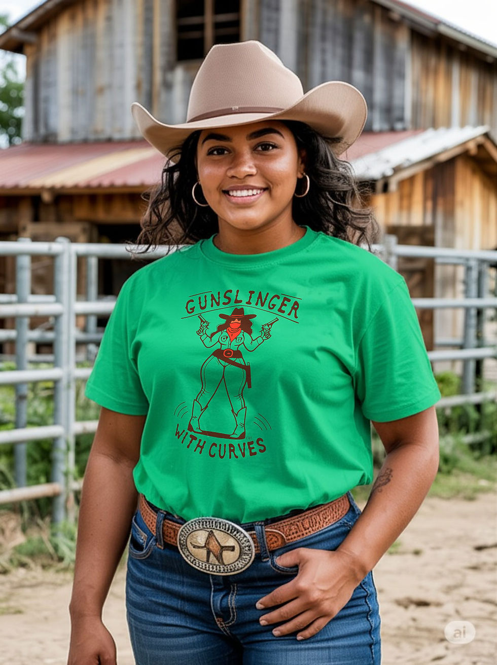 Gunslinger With Curves (B) Western Tee worn by melanated female model, showcasing fearless western graphic design