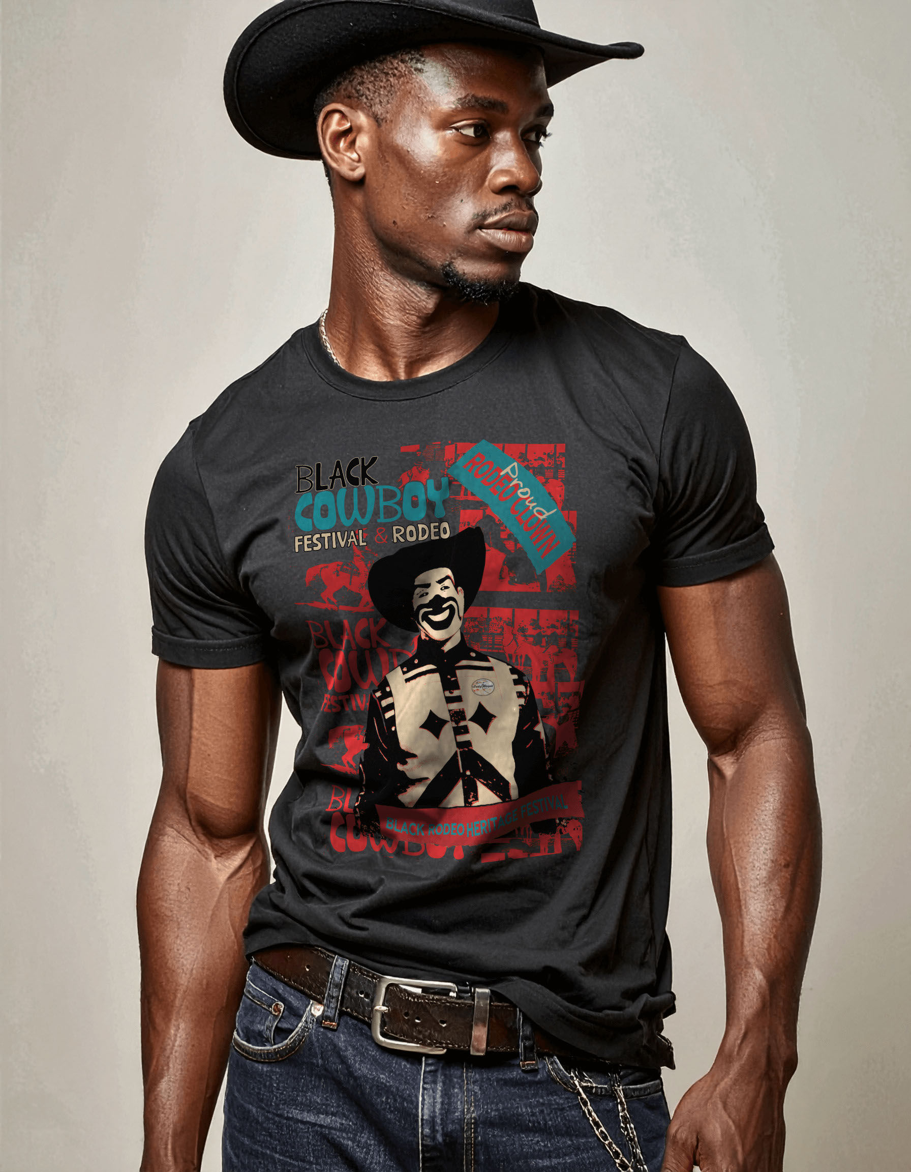 Proud Rodeo Clown Western Graphic Tee worn by melanated male model, Black rodeo clown pride culture graphic tee