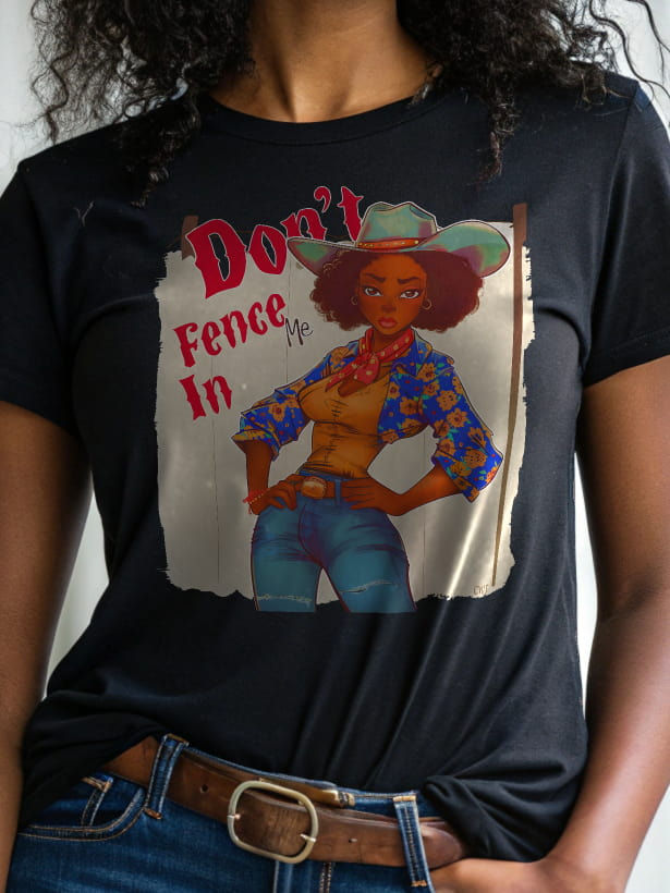 Don't Fence Me In (L) Western Tee detail showing bold distressed artwork and transformation typography