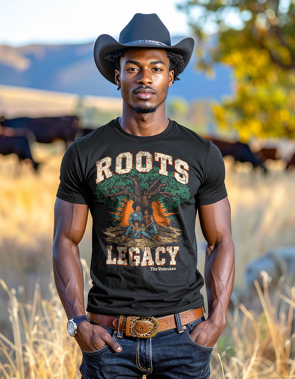 The Unbroken: Black graphic tee featuring family beneath tree with deep roots, water imagery, teal and cream text, orange starburst, distressed lettering on melanated model