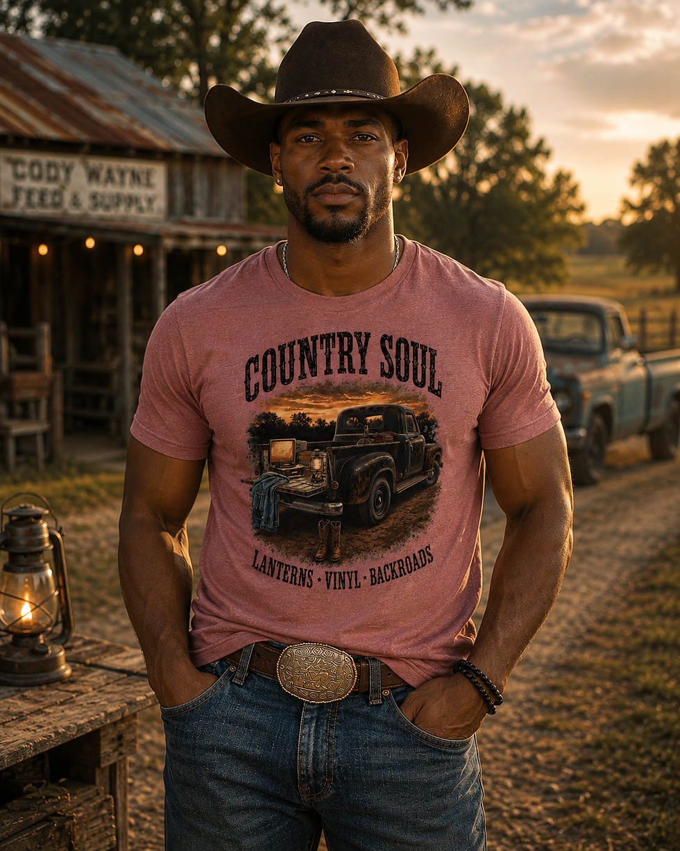 Peaceful Nights: Peaceful Nights Country Soul Tee worn by male model, mauve tee with vintage truck sunset graphic, Lanterns Vinyl Backroads