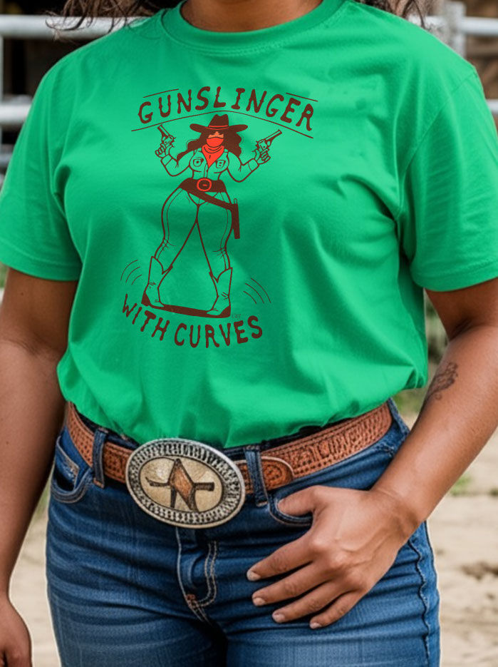 Gunslinger With Curves (B) Western Tee detail showing bold distressed artwork and typography
