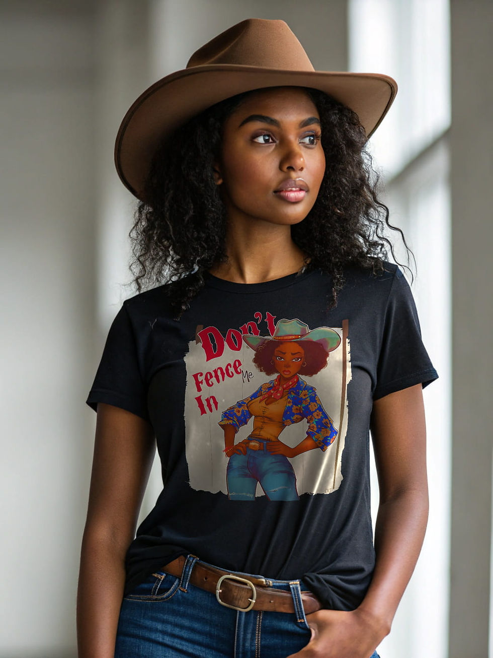 Thumbnail: Don't Fence Me In (L) Western Tee worn by melanated female model, showcasing freedom and expansion graphic