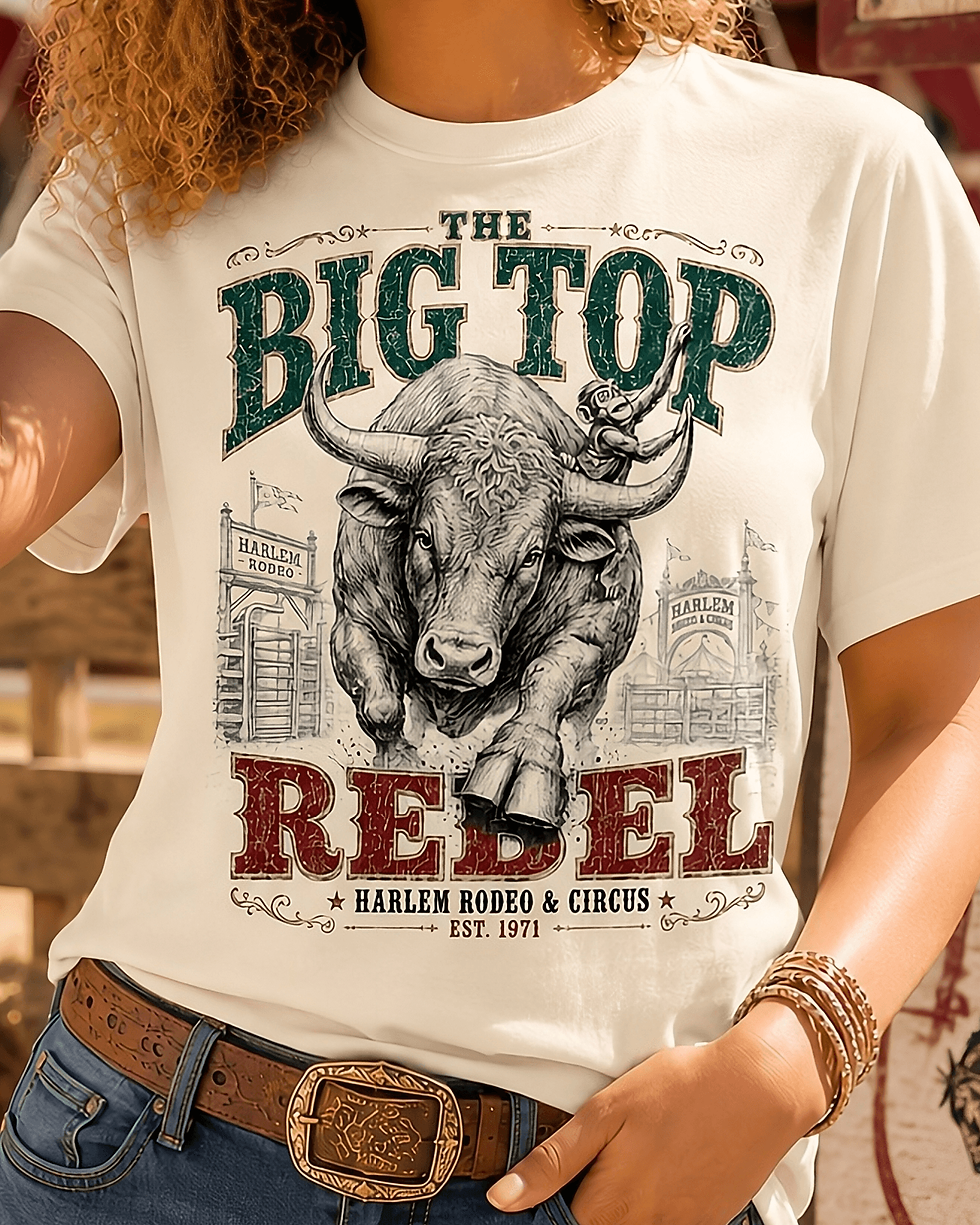 Big Top Rebel Tee close-up showing detailed bull illustration and distressed Harlem Rodeo and Circus typography