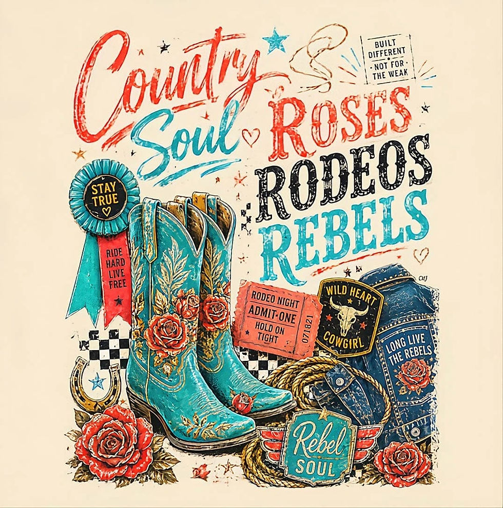 Rebels & Roses Country Soul Tee close-up showing rose and cowboy boot graphic with vintage typography